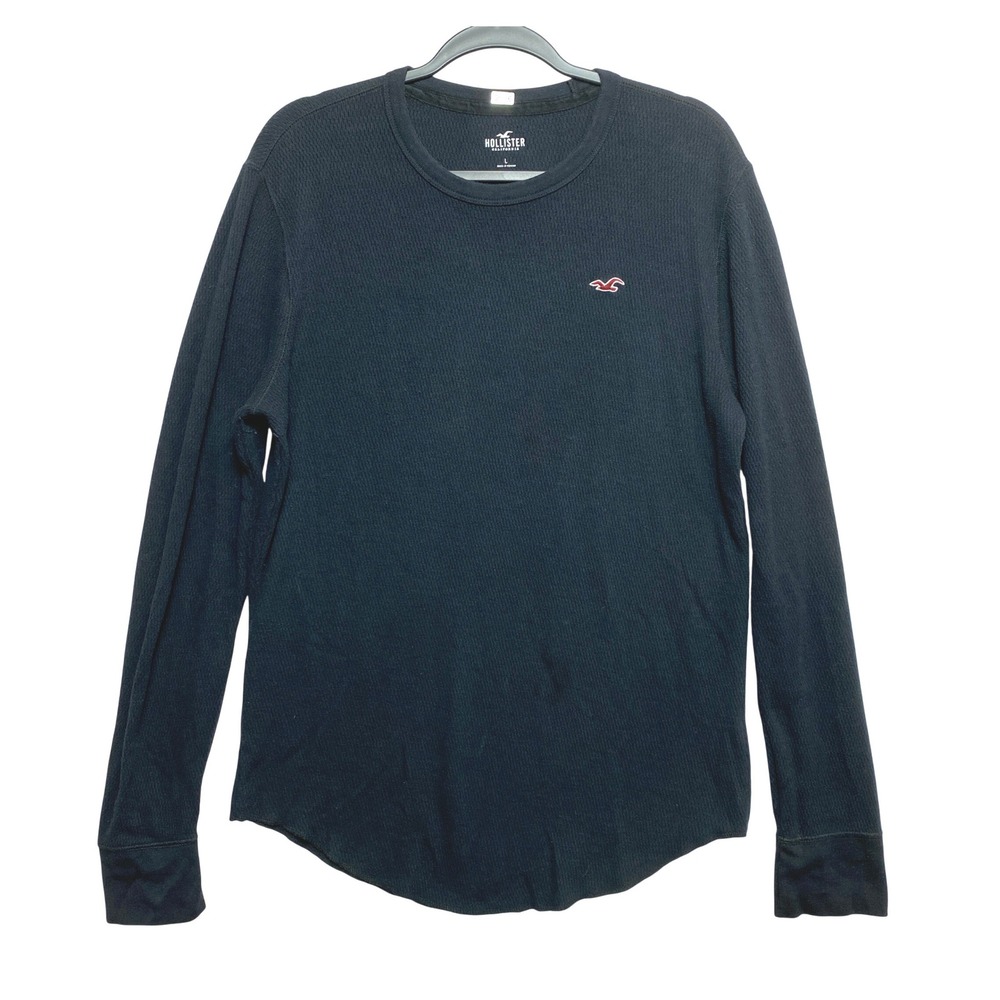 Hollister Thermal Shirt Mens Large BlackLong Sleeve Waffle Knit  Crewneck Y2K